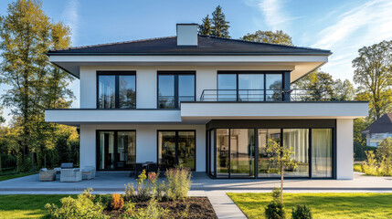 Modern German high street house built in the 90s with contemporary design and large windows in a serene neighborhood setting.
