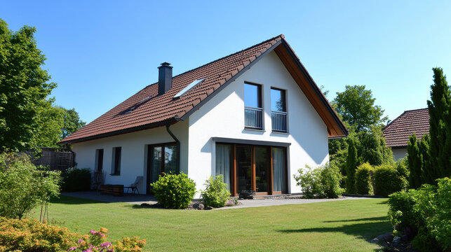 German single family house from 1990s with classic architecture, capturing a bright day with lush garden and blue sky background