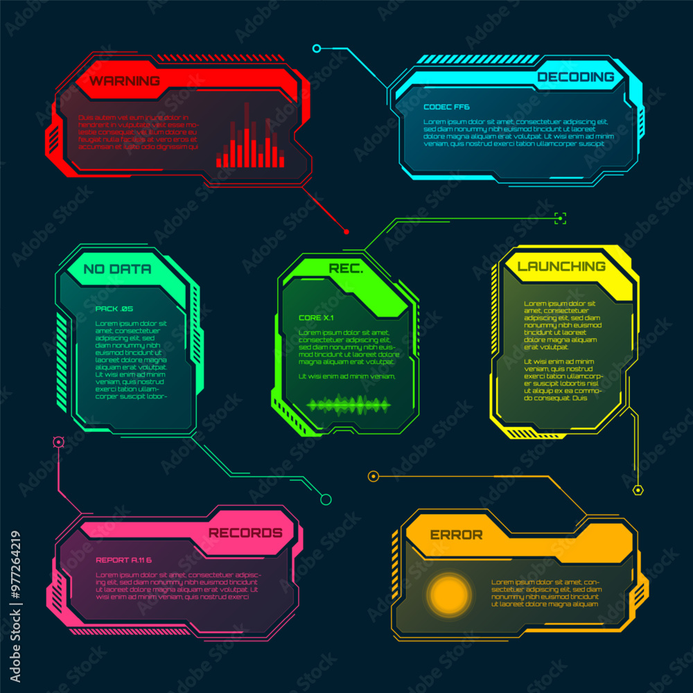 Poster futuristic hud or ui elements. sci-fi user interface text boxes, callouts. colorful warning message 