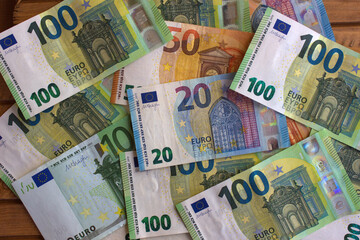 Euro money and coins close-up. The national currency of the European Union