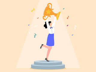 Businesswoman holding a trophy and jumping with joy because of her success