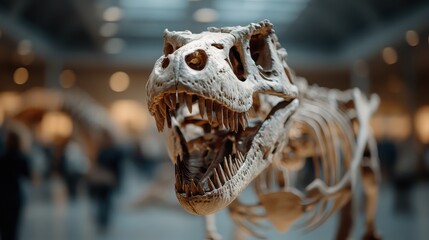 An impressive display of a dinosaur skeleton in a modern museum, showcasing its fearsome skull and...