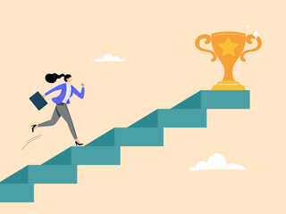 Determined businesswoman runs up the stairs of success to reach the championship trophy