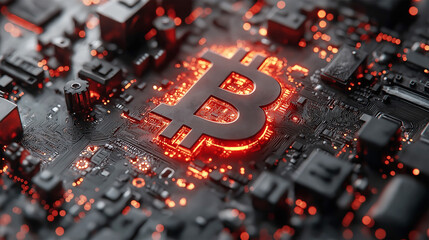 Bitcoin Circuitry Illuminated with Fiery Glow: Depicting Digital Currency's Integration into Modern Technology and Blockchain Networks with Fiery Red Hues and a Focus on Cryptocurrency Systems