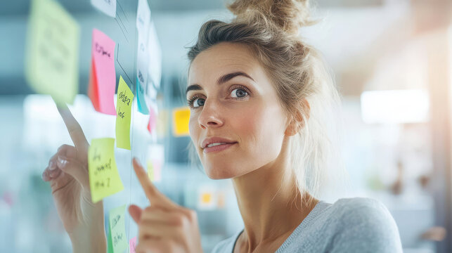Confident woman presenting in office, pointing at glass board with colorful sticky notes during a business meeting