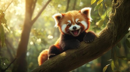 Happy red panda cub smiling relaxing on branch
