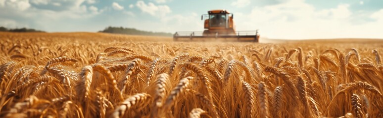 Expansive wheat field during harvest, a tractor working under a clear sky with golden grains swaying