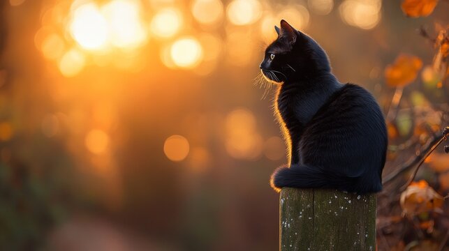 Black cat sitting on a fence post at sunset