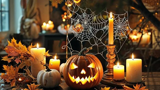 Enchanting Halloween Ambiance. Glowing Pumpkins and Flickering Candles Creating a Spooky Charm