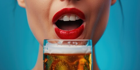 A woman holding a glass of beer in front of her mouth, possibly about to take a sip