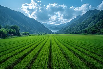 Verdant Rice Fields in a Serene Mountain Valley on a Sunny Day - Perfect for Travel Blogs and Nature Posters