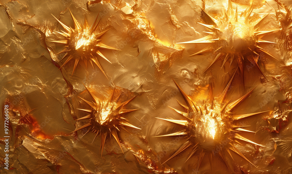 Poster a detailed golden textured surface featuring intricate spikes and abstract patterns, illuminated in 