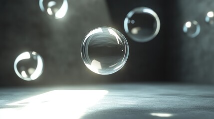 Floating glass orbs reflecting light and casting soft shadows in a dark, empty space.