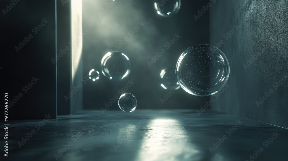 Poster floating glass orbs reflecting light and casting soft shadows in a dark, empty space.