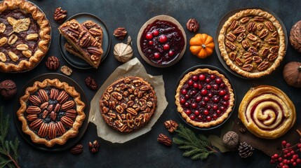 Richly detailed Thanksgiving dessert platter featuring cranberry tart, pecan pie, and pumpkin rolls against a moody backdrop