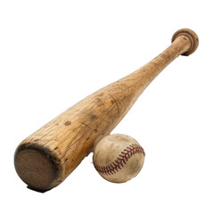 Old and worn wooden baseball bat laying next to a baseball on a white background