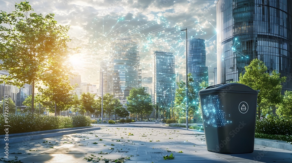 Aufkleber futuristic smart waste bin blending into efficient urban landscape with data streams