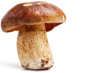 A single mushroom sitting on a clean white surface, great for use in food or science illustrations