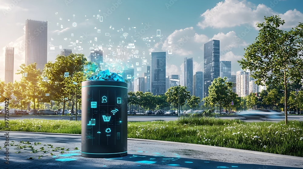 Poster futuristic smart waste bin blending into efficient urban landscape with data visualization
