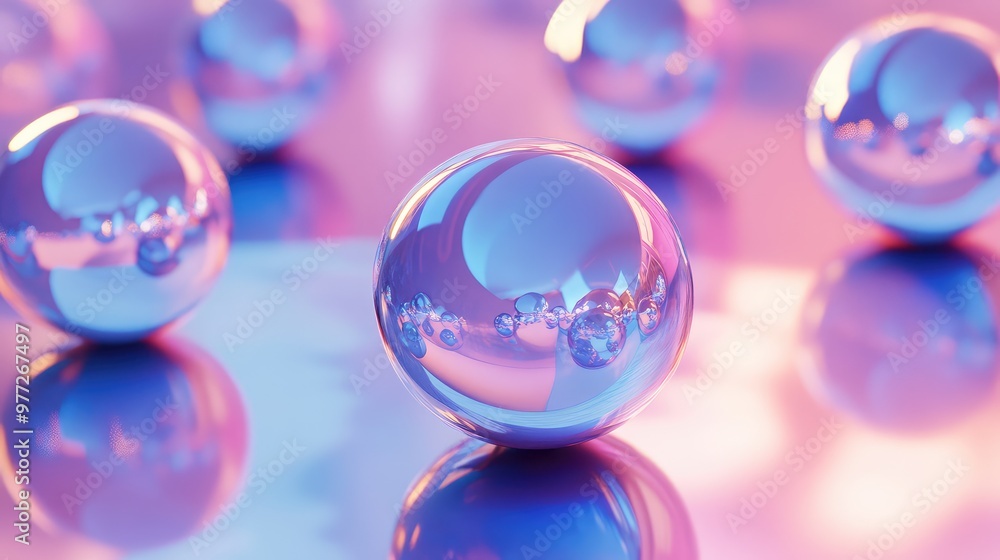 Poster floating, iridescent spheres casting complex reflections and shadows in a soft, glowing space.