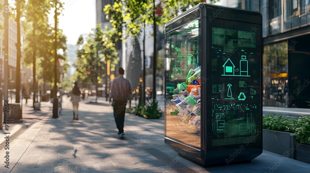 Poster transparent smart waste bin displaying real-time monitoring and innovative waste management process
