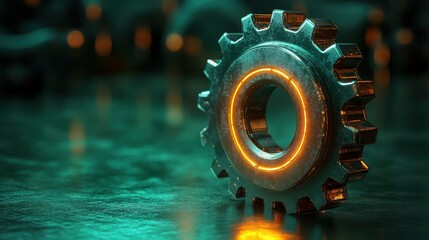 A rotating gear icon with a glowing outline on a bright green background