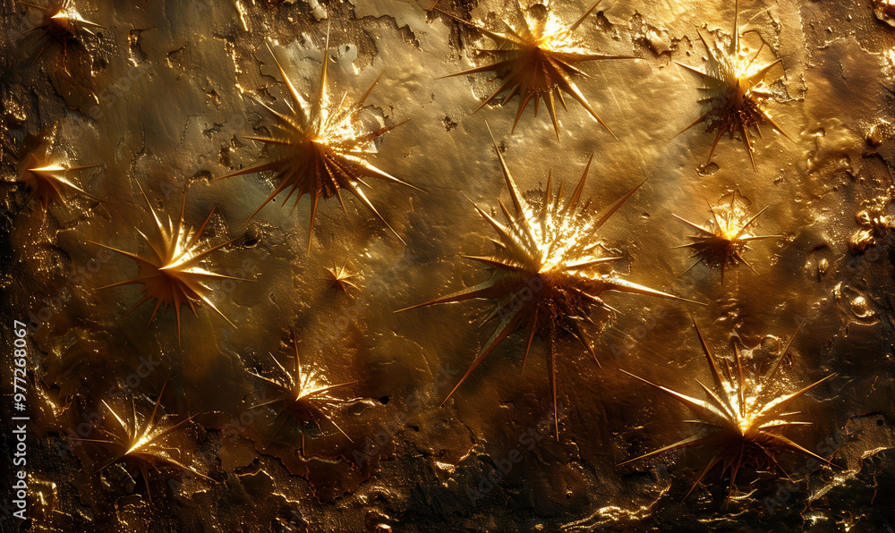 Poster a detailed golden textured surface featuring intricate spikes and abstract patterns, illuminated in 