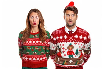 Obraz premium A happy American Couple Wearing Pullover in Christmas Pattern. Fictional Characters Created By Generative AI.