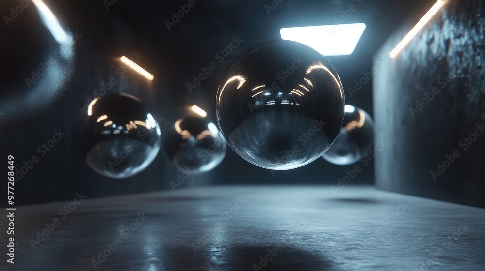 Poster floating metallic orbs casting subtle reflections in a dark, empty environment.
