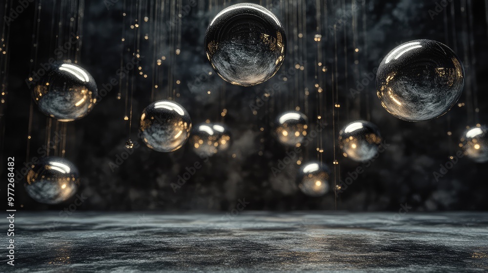 Poster floating metallic orbs casting subtle reflections in a dark, empty environment.