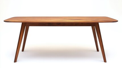 A Scandinavian style wooden dining table with sleek legs on a white background