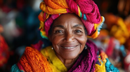 An elder woman radiating kindness and wisdom, dressed in vibrant traditional clothes, her gentle smile embodying a life full of rich experiences and warmth.