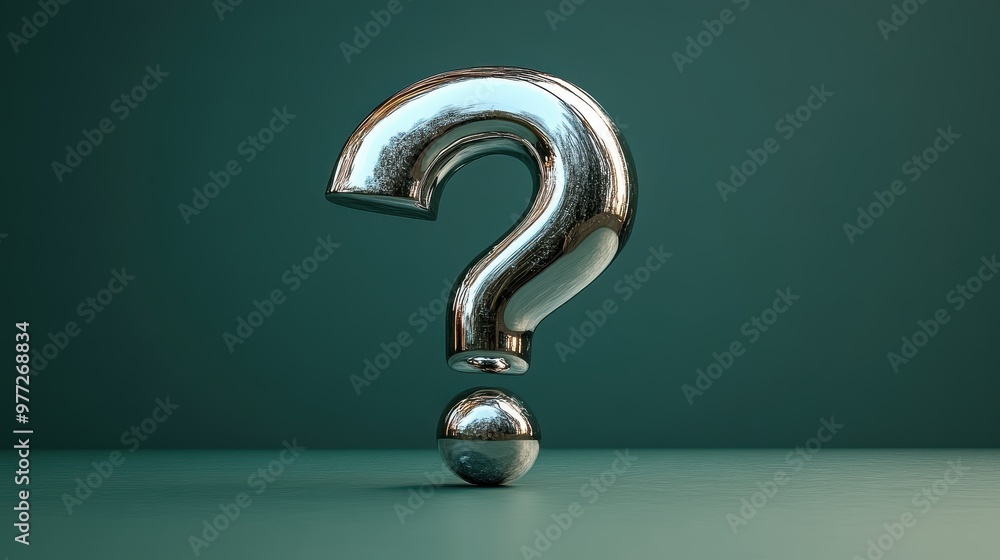 Poster a shining question mark with a metallic effect on a gradient green background