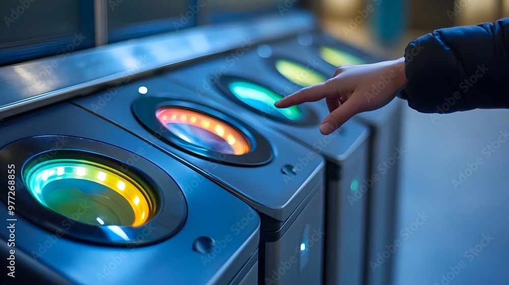 Poster close-up view of smart waste bin sensors detecting hand movements for touchless waste disposal and