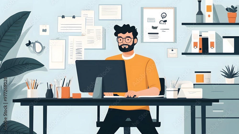 Poster bearded man working at a desk with a computer