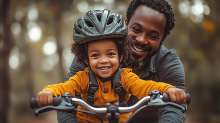 Obraz premium Portrait of happy african american father and son riding bicycle in park