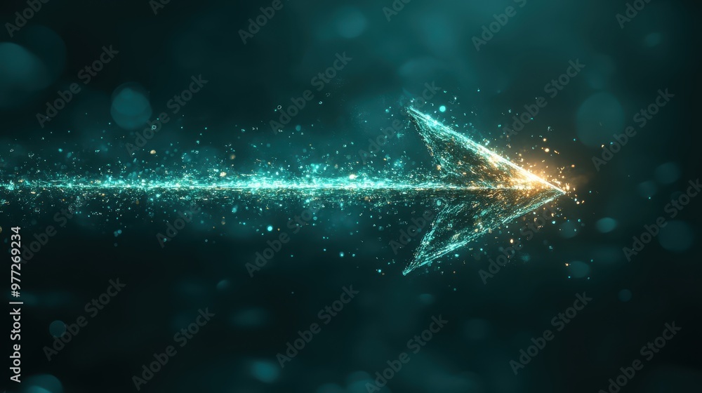 Poster a shiny arrow icon with a light reflection effect on a dark green background