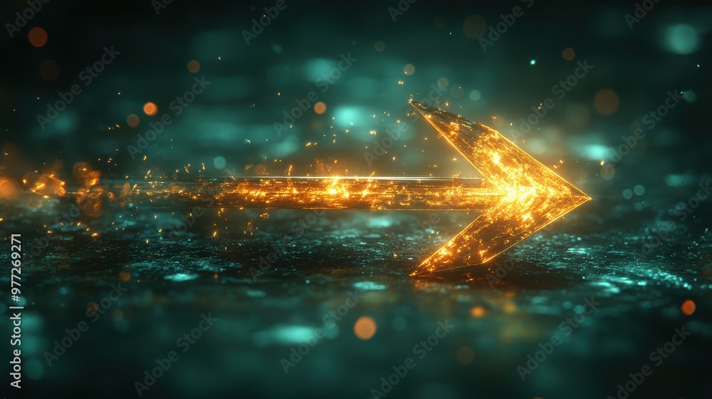 Poster a shiny arrow icon with a light reflection effect on a dark green background
