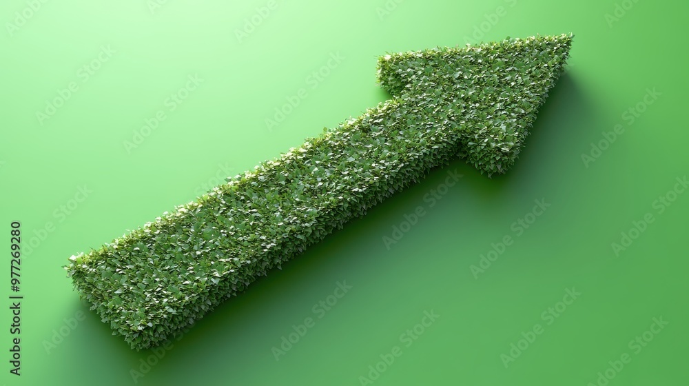 Poster a shiny arrow pointing upwards with a soft shadow on a lime green background