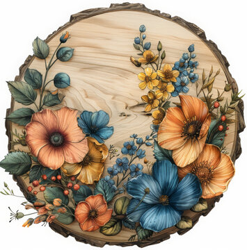 floral arrangement on wood slice clip art preview