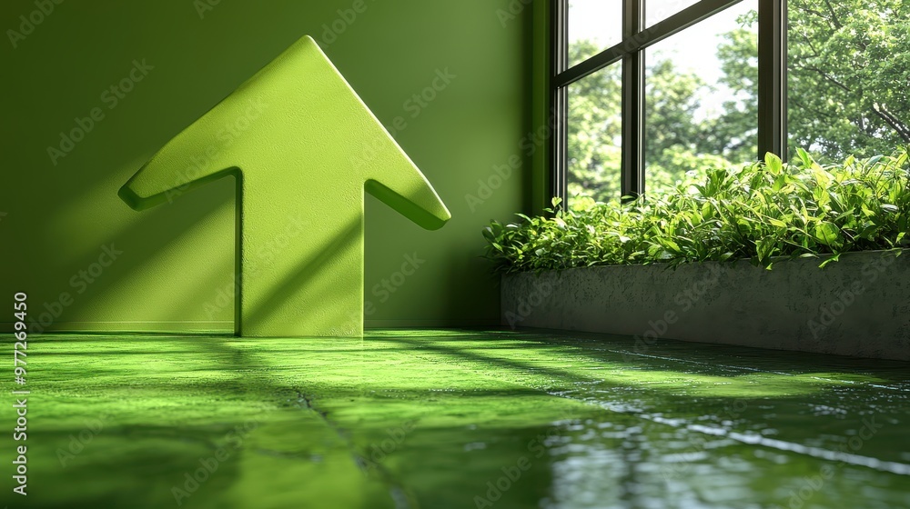 Poster a shiny arrow pointing upwards with a soft shadow on a lime green background