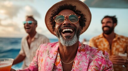 A group of friends enjoys a tropical boat party, dressed in colorful shirts and sipping cocktails; the vibrant atmosphere is underscored by the ocean backdrop.