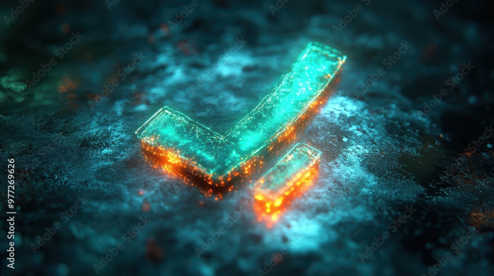Poster a shiny checkmark icon with a glowing outline on a bright green background