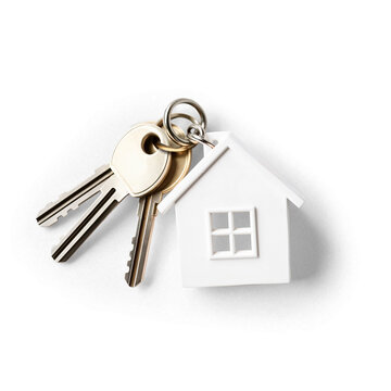 House keys with a white keychain shaped like a little house as a concept for real estate, buying or renting houses, with transparent background and shadow