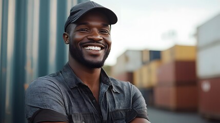 Fototapeta premium Smiling truck driver in a cap standing in front of cargo containers, outdoor setting 