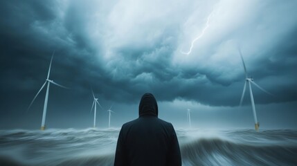 A person in a hooded jacket stands on the shore, facing a stormy sea with lightning and offshore wind turbines in the background, reflecting perseverance and the forces of nature.