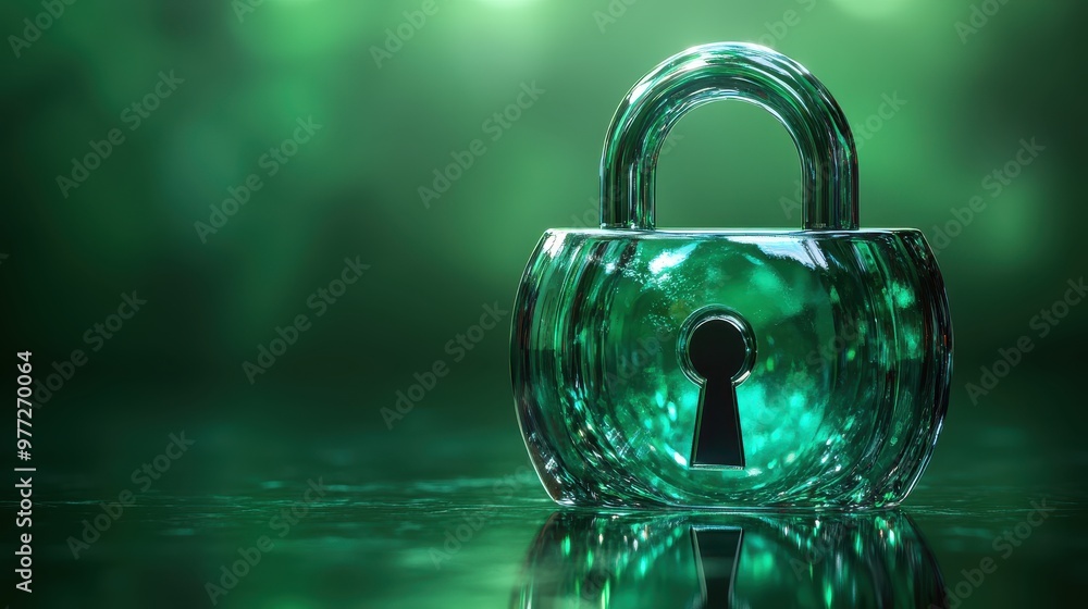 Poster a shiny lock icon with a metallic glow, isolated on a green gradient background