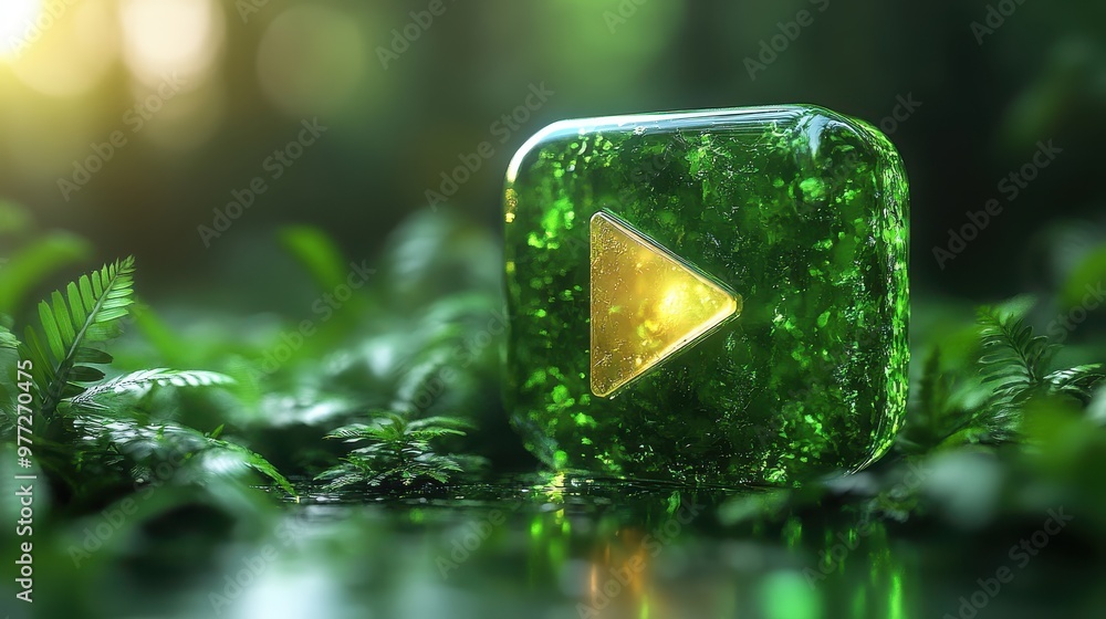 Poster a shiny play button with a subtle shadow on a vibrant green background