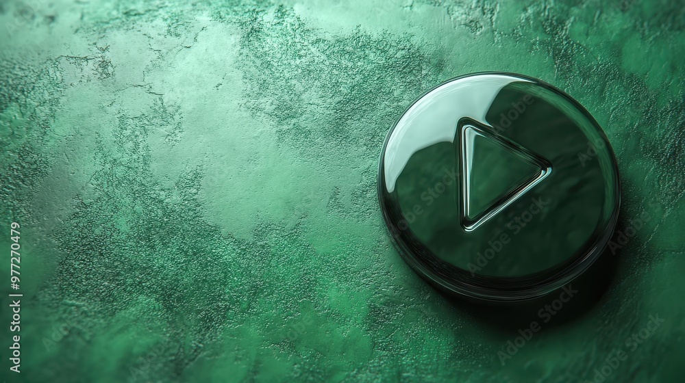 Poster a shiny play button with a subtle shadow on a vibrant green background
