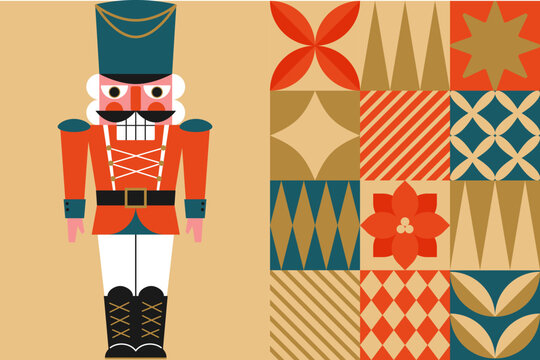 Christmas greeting card with nutcracker toy and geometric elements. Flat style. Template for winter holidays design